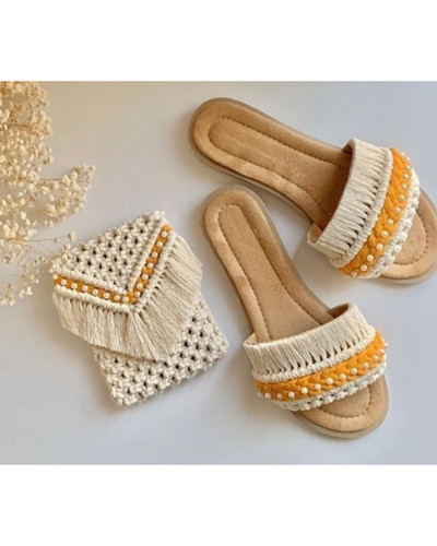 ست کیف و صندل مکرومه مرواریدی مجلسی و شیک دستبافت