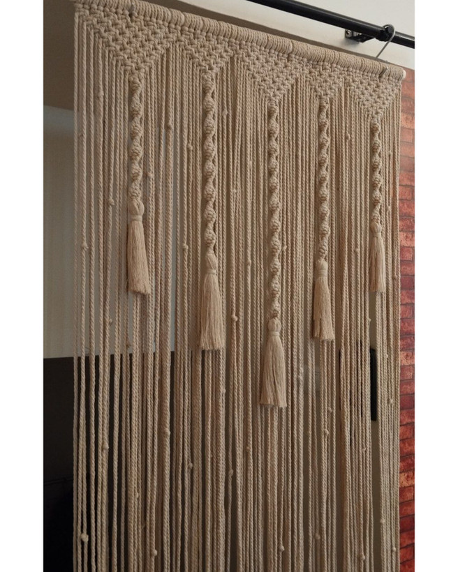 پرده مکرومه طرح لوزی منگوله دار