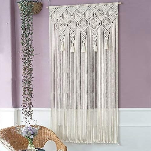 پرده مکرومه طرح چند لوزی منگوله دار