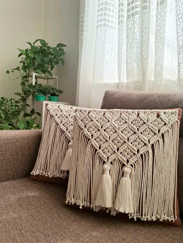 کاور کوسن مکرومه طرح لوزی منگوله دار