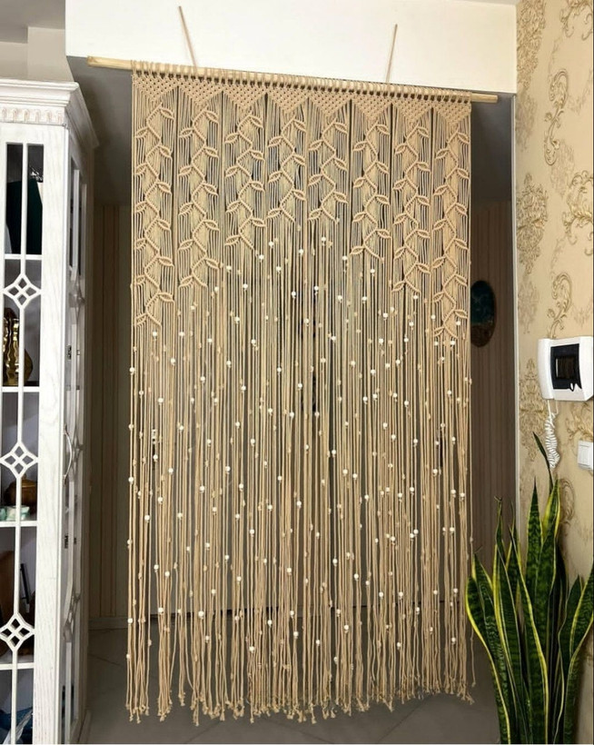 پرده مکرومه طرح شاخ و برگ مهره دار