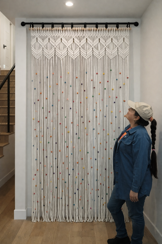 پرده مکرومه طرح مهره رنگی