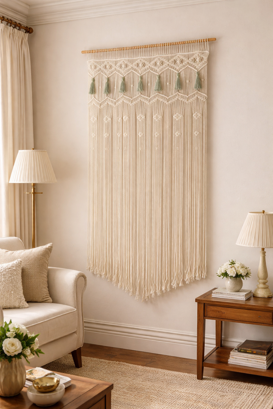 پرده مکرومه دستبافت منگوله دار طرح نهال