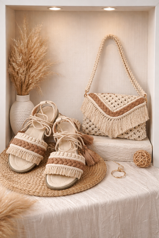 ست کیف وصندل مکرومه دستبافت طرح گیس بافت