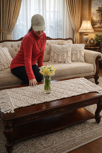 ست رانر و کاور کوسن مکرومه طرح گلبرگ