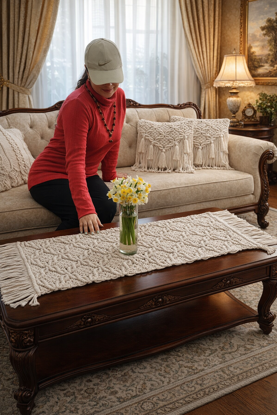 ست رانر و کاور کوسن مکرومه طرح گلبرگ