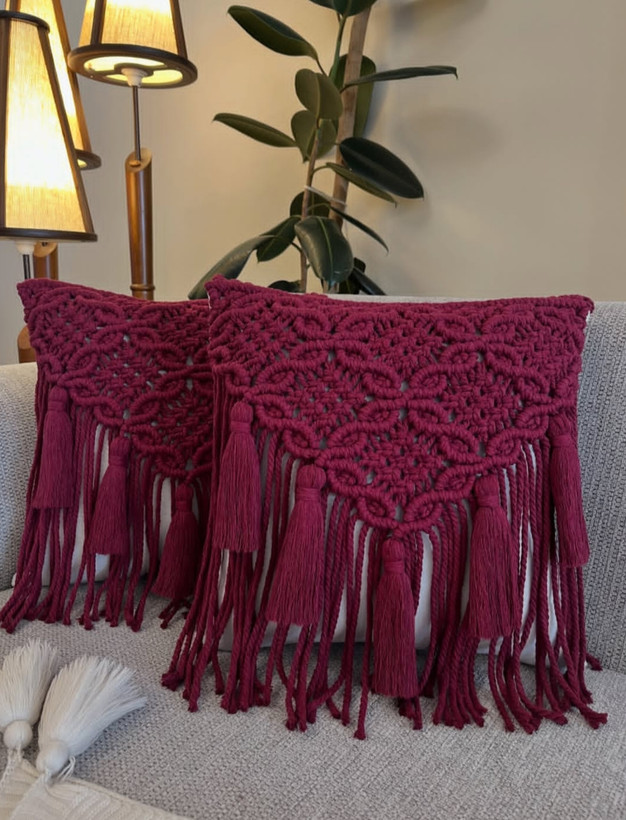 کاور کوسن مکرومه طرح گلبرگ منگوله دار