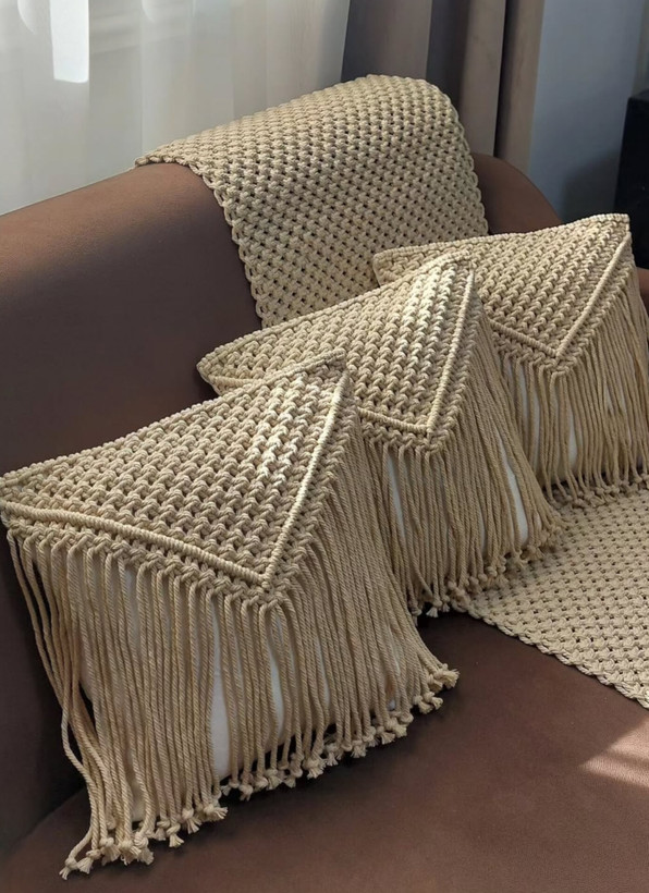 کاور کوسن مکرومه دستبافت طرح گندم - نمای اصلی
